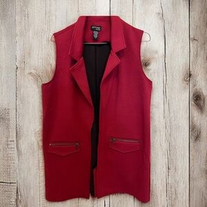 Attyre Long Open Front Sleeveless Vest Red Zip Pocket Layering‎ Jacket Women’s L